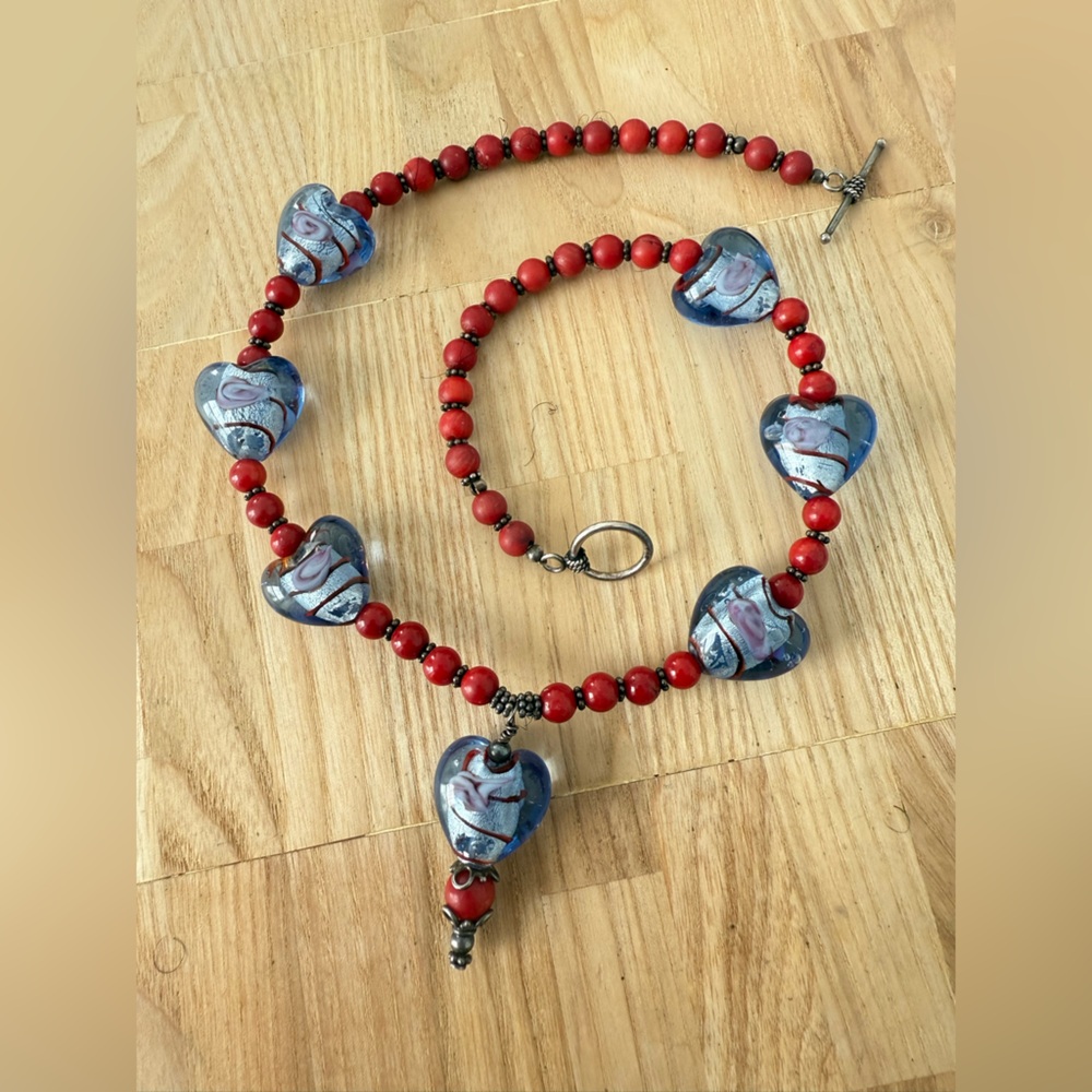 Red and blue glass heart chunky beaded necklace 925 Sterling silver clasp
